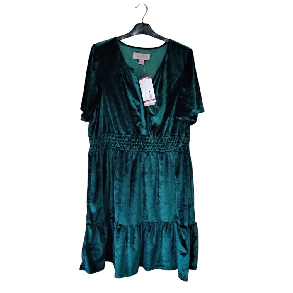 French Connection Emerald Green Velvet V-Neck Smocked Tiered Ruffle Dress XL NWT